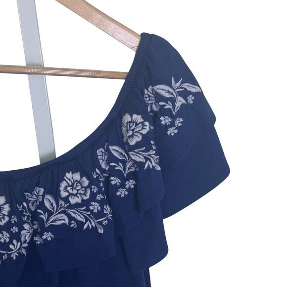 ALYA Blue One Shoulder Floral Embroidered Ruffle Top Peasant Boho Blouse Sz S - Picture 3 of 10